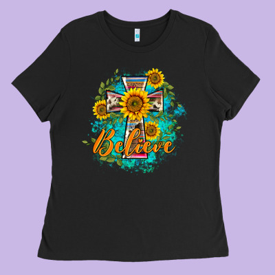 Western Belive Sunflowers Cross Ladies Tee Designed By Barkaloodesign