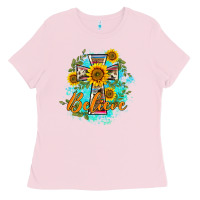 Bubblegum Pink western belive sunflowers cross Ladies Tee - BarkalooDesign