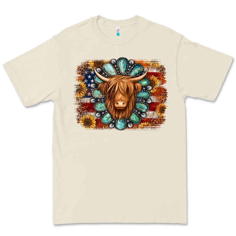 American Flag Sunflowers Highland Cow Turquoise Background Premium Tee by Jasminsmagicworld | Teevron