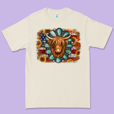 American Flag Sunflowers Highland Cow Turquoise Background Premium Tee Designed By Jasminsmagicworld