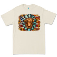 Bone american flag sunflowers highland cow turquoise background Premium Tee - Jasminsmagicworld