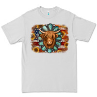 Dove Grey american flag sunflowers highland cow turquoise background Premium Tee - Jasminsmagicworld