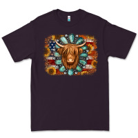 Plum american flag sunflowers highland cow turquoise background Premium Tee - Jasminsmagicworld