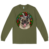 Army Green Christmas Pug With Buffalo Plaid Long Sleeve Tee - RanaPortraitStore