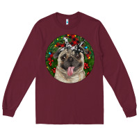 Burgundy Christmas Pug With Buffalo Plaid Long Sleeve Tee - RanaPortraitStore