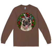 Chestnut Christmas Pug With Buffalo Plaid Long Sleeve Tee - RanaPortraitStore