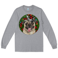 Heather Grey Christmas Pug With Buffalo Plaid Long Sleeve Tee - RanaPortraitStore