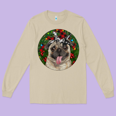 Christmas Pug With Buffalo Plaid Long Sleeve Tee Designed By Ranaportraitstore