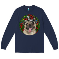 Navy Christmas Pug With Buffalo Plaid Long Sleeve Tee - RanaPortraitStore