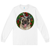 White Christmas Pug With Buffalo Plaid Long Sleeve Tee - RanaPortraitStore