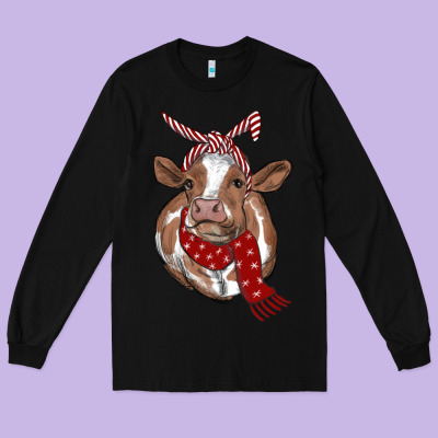 Christmas Heifer With Scarf Long Sleeve Tee Designed By Ranaportraitstore
