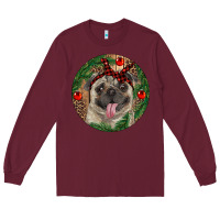 Burgundy Christmas Pug With Leopard Long Sleeve Tee - RanaPortraitStore