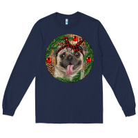 Navy Christmas Pug With Leopard Long Sleeve Tee - RanaPortraitStore