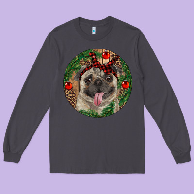 Christmas Pug With Leopard Long Sleeve Tee Designed By Ranaportraitstore