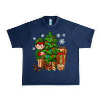 Navy Christmas Elf With Gift Urban Heavy Tee - BundleAndBundleShop
