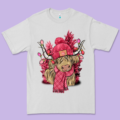 Pink Winter Long Haired Cow Premium Tee Designed By Nancycooperartshop