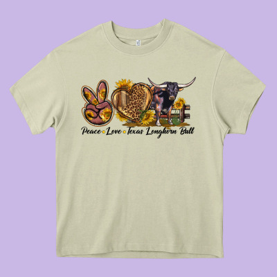 Peace Love Texas Longhorn Bull Heavy Core Tee Designed By Lillyallendesigns