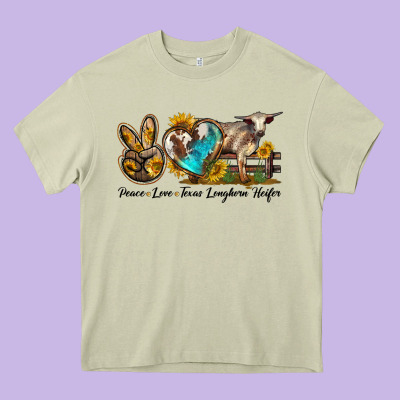 Peace Love Longhorn Heifer Heavy Core Tee Designed By Lillyallendesigns