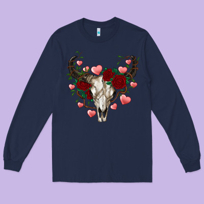 Valentines Bull Skull Long Sleeve Tee Designed By Ranaportraitstore
