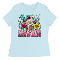 Baby Blue he is risen cross easter Ladies Tee - BarkalooDesign