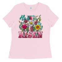 Bubblegum Pink he is risen cross easter Ladies Tee - BarkalooDesign