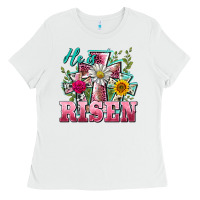 White he is risen cross easter Ladies Tee - BarkalooDesign