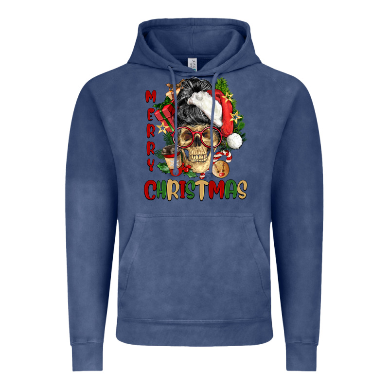 Merry Christmas Skeleton Messy Bun Vintage Hoodie by NancyCooperArtShop | Teevron