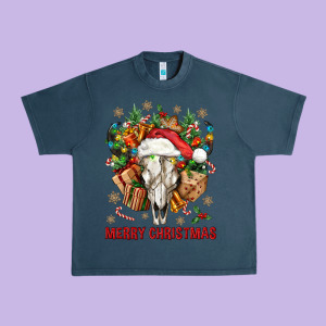 Merry Christmas With Bull Skull Urban Heavy Tee Designed By Bundleandbundleshop
