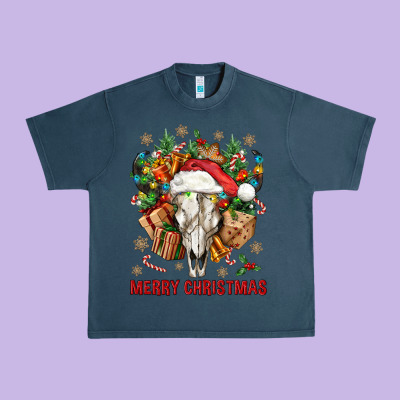 Merry Christmas With Bull Skull Urban Heavy Tee Designed By Bundleandbundleshop