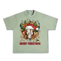 Oil Green Merry Christmas With Bull skull Urban Heavy Tee - BundleAndBundleShop