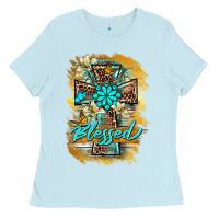 Baby Blue western cross blessed lily butterfly Ladies Tee - BarkalooDesign