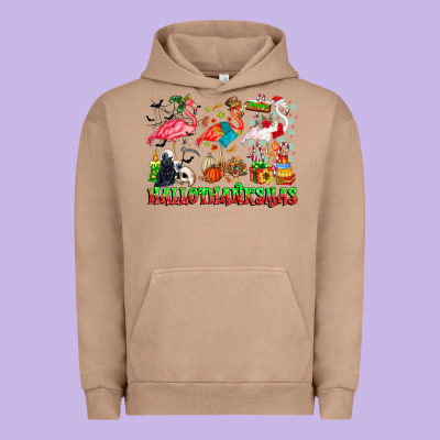 Happy Hallothanksmas Flamingo Urban Hoodie Designed By Cowhidedigitalart