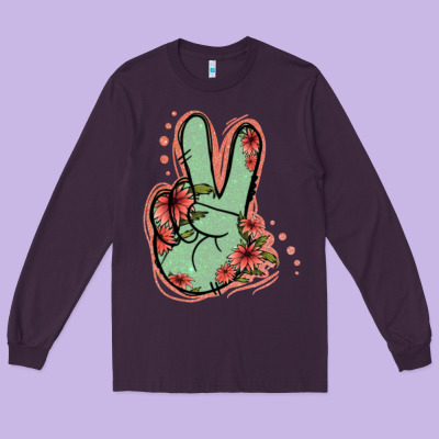 Green Glitter Floral Peace Sign Long Sleeve Tee Designed By Jasminsmagicworld