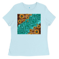 Baby Blue Tooled Leather And Sunflowers Ladies Tee - Jasminsmagicworld