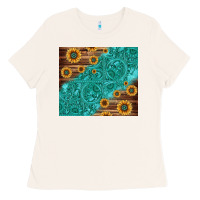 Bone Tooled Leather And Sunflowers Ladies Tee - Jasminsmagicworld