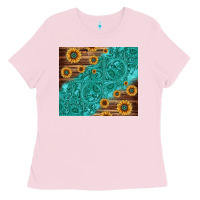 Bubblegum Pink Tooled Leather And Sunflowers Ladies Tee - Jasminsmagicworld