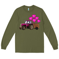 Army Green valentines day pink tractor with pink heart balloo Long Sleeve Tee - RanaPortraitStore