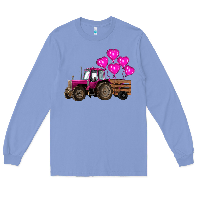 Valentines Day Pink Tractor With Pink Heart Balloo Long Sleeve Tee by RanaPortraitStore | Teevron
