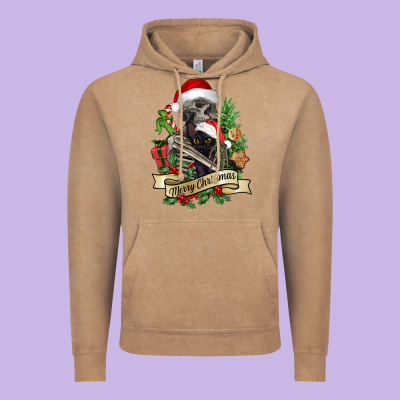 Merry Christmas Skeleton With Black Cat Vintage Hoodie Designed By Nancycooperartshop