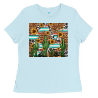 Baby Blue western cactus and sunflowers Ladies Tee - Jasminsmagicworld
