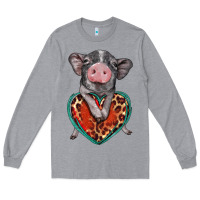Heather Grey baby pig with leopard heart Long Sleeve Tee - BarkalooDesign