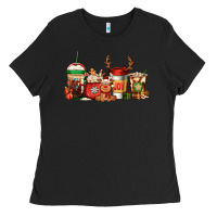 Black Reindeer Christmas Coffee Cups Ladies Tee - Jasminsmagicworld