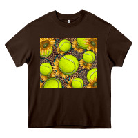 Chocolate Brown tennis ball with sunflower and racket Heavy Core Tee - BarkalooDesign