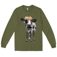 Army Green holstein cow floral wreath Long Sleeve Tee - BarkalooDesign