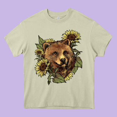 Bear Head Sunflowers Heavy Core Tee Designed By Nancycooperartshop