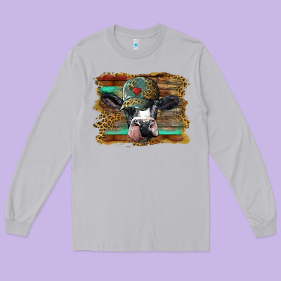 Holstein Cow With Cap And Leopard Background Long Sleeve Tee Designed By Barkaloodesign