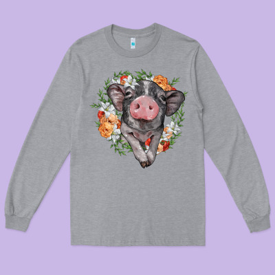 Baby Pig Floral Wreath Long Sleeve Tee Designed By Barkaloodesign