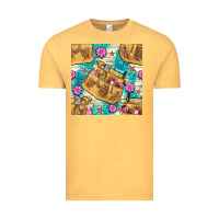 Vintage Mustard hairdresser apron and flowers with turquoise glitter seamless pattern  Vintage Tee - BundleAndBundleShop