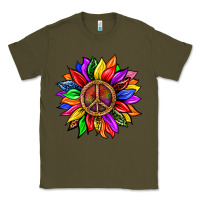 Army Green Pride LGBTQ+ Sunflower With Peace Classic Tee - BundleAndBundleShop