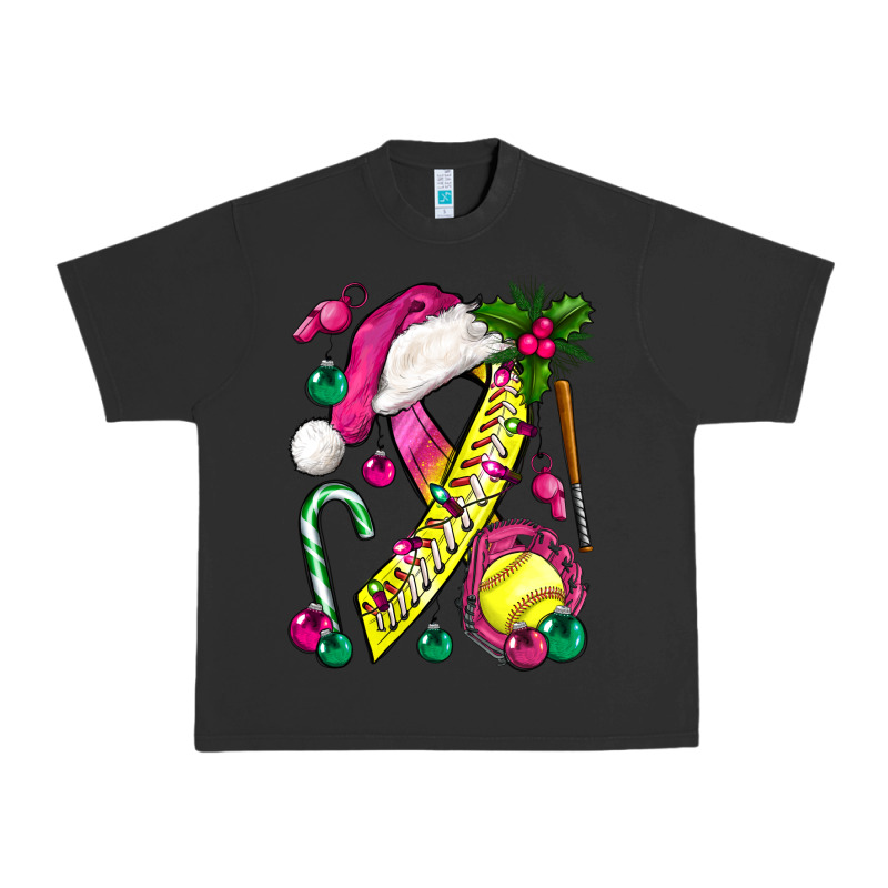 Pink Christmas Breast Cancer Ribbon Softball Urban Heavy Tee by BundleAndBundleShop | Teevron